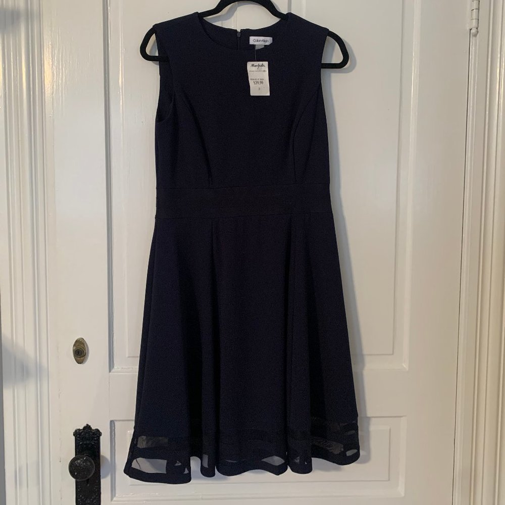 CALVIN KLEIN | Women's Illusion-Trim Fit & Flare Navy Dress | Size 10